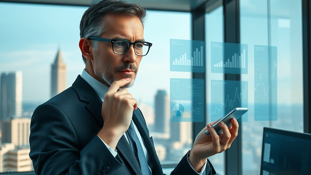 Leadership in the digital age: business leader reviewing multiple digital dashboards, high-tech environment, cityscape background