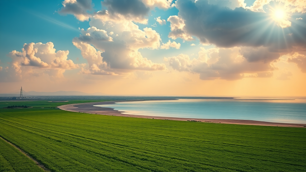 Futuristic vision: Irrigated green fields in the North African Sahara, hopeful farmers beside high-tech equipment, vast blue artificial Chad Sea in the distance.