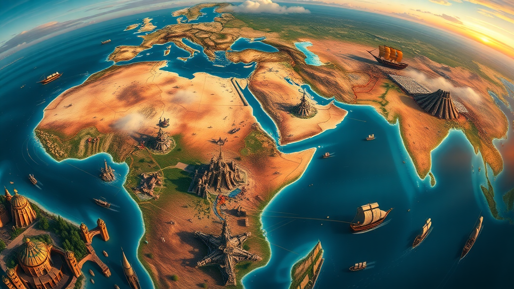 Panoramic map depicting a merged Africa-Europe supercontinent, symbolising transformative visions for Mediterranean coastal regions