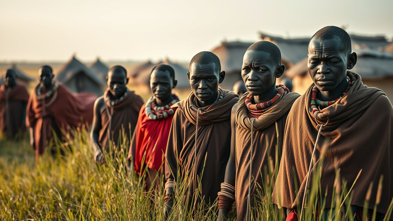 Somber rural villagers separated by invisible colonial border, revealing social impacts of colonial borders in modern Africa