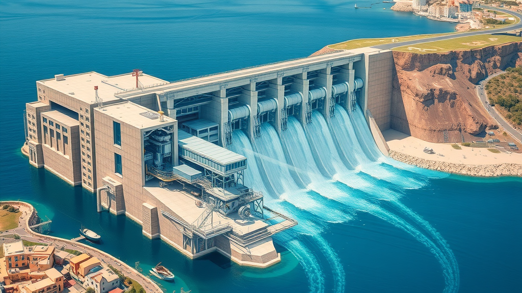Mediterranean dam project: Detailed cross-section illustration of the proposed Gibraltar Dam, industrial precision and labeled turbines, blue Mediterranean Sea below.