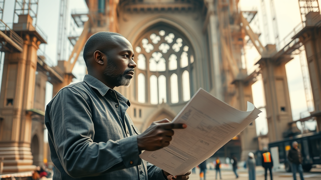 Majestic cathedral under construction, African architect planning, symbolising the foundation of the Cathedral Mindset for sustainable business growth Africa