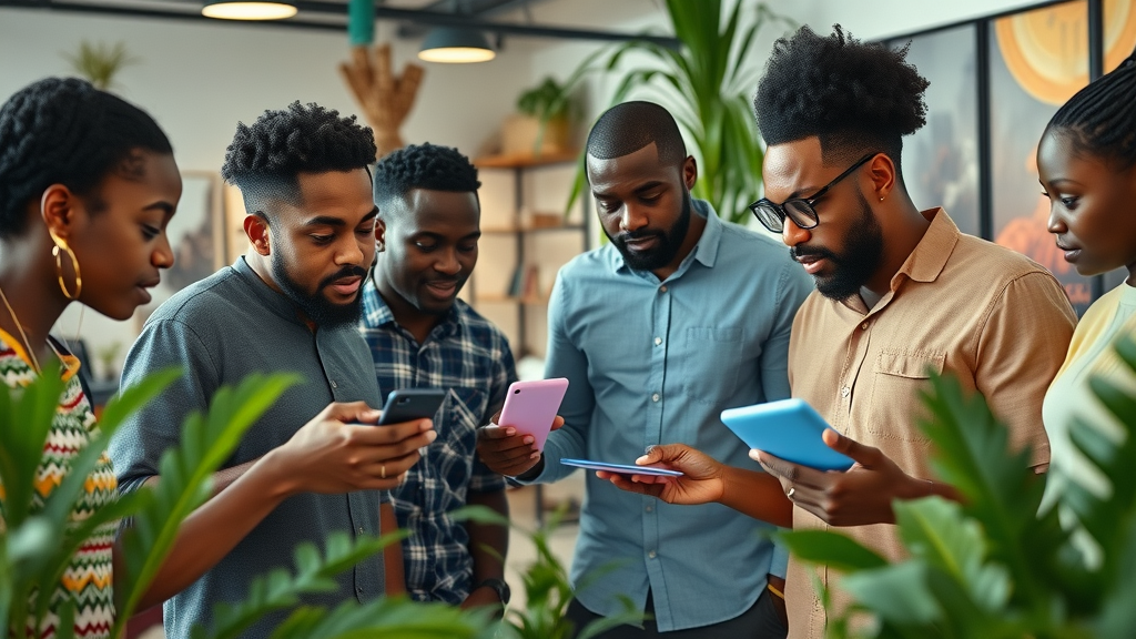Diverse team of African innovators brainstorming tech for sustainable business growth Africa