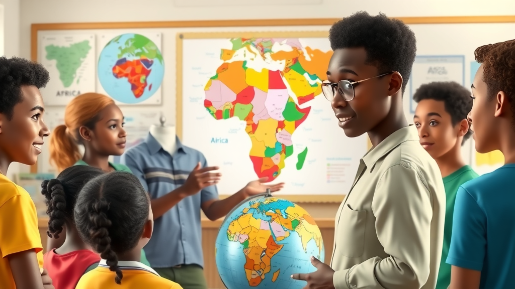 African teacher guiding students through colourful map, symbolising efforts to build unity and understanding beyond colonial borders