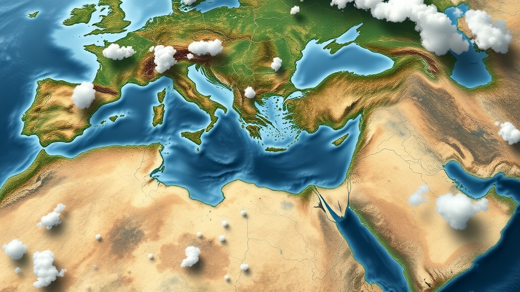 Alternate history: Drained Mediterranean Sea, vast exposed new land, expanded North African cities, photorealistic and topographic shading.