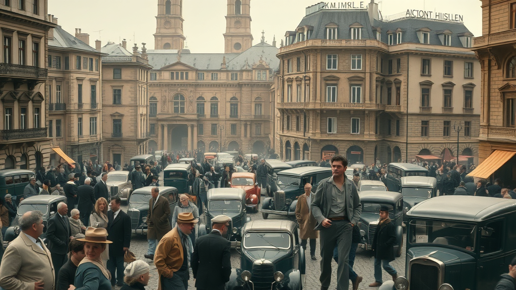 Vintage photograph capturing the economic turmoil in a 1920s European city, embodying the roots of utopian engineering proposals like the Mediterranean dam
