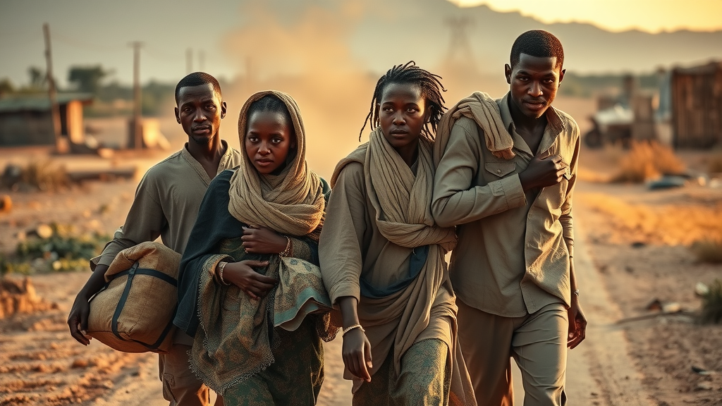 African family migrating after UK foreign aid cut, instability and health insecurity increasing in Africa