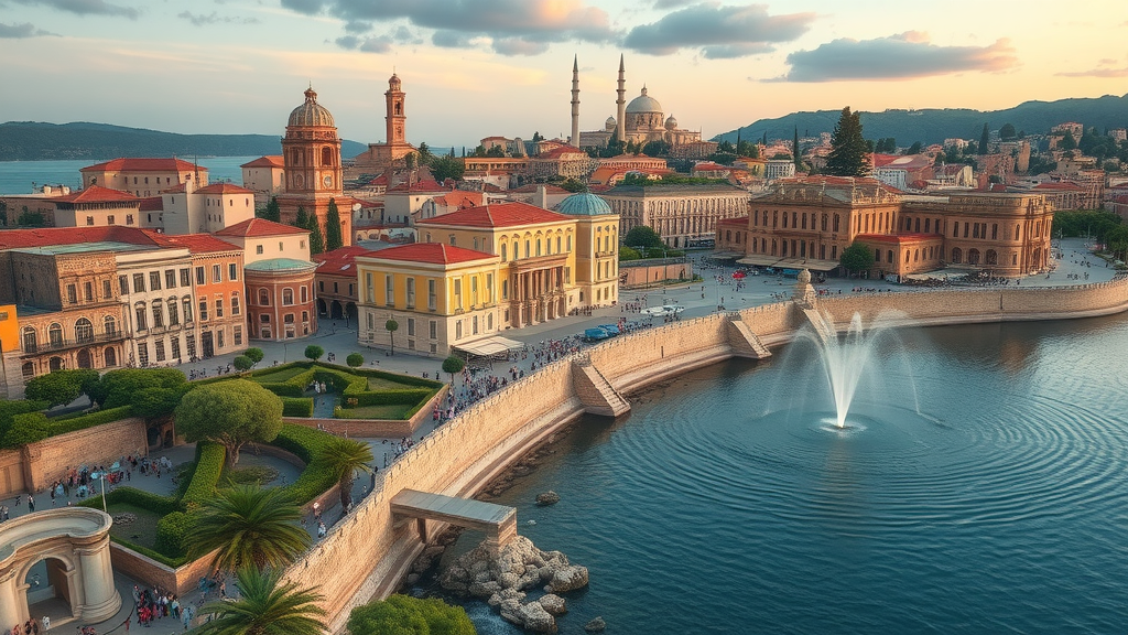 Hopeful scene of a resilient Mediterranean coastal city blending modern adaptation and heritage preservation, symbolising future possibilities despite climate change