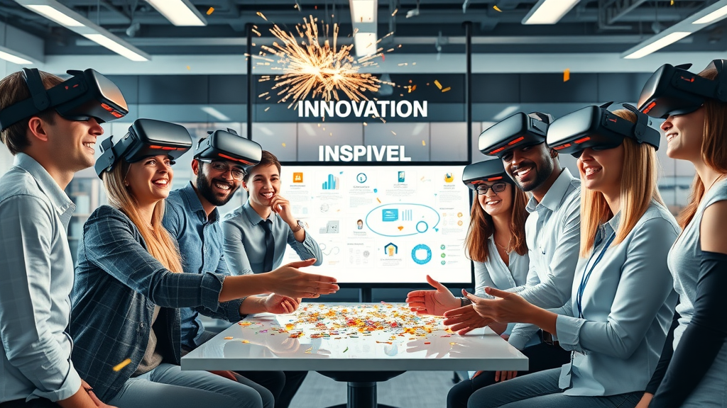 Mastering digital leadership: corporate team collaborating on innovation board