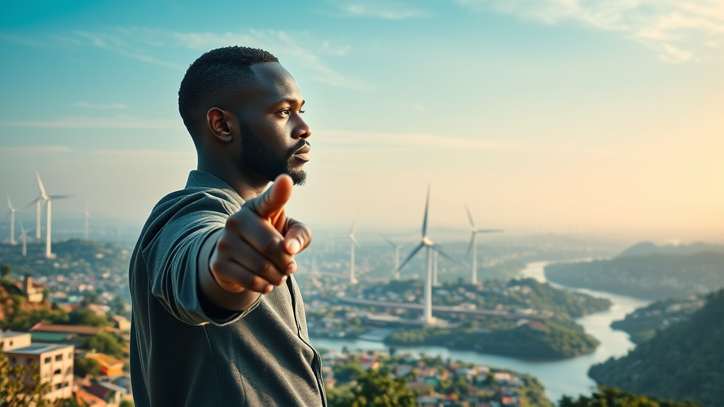 Aspirational African entrepreneur pointing to the horizon, symbolises futuristic sustainable business growth Africa blending tech and tradition