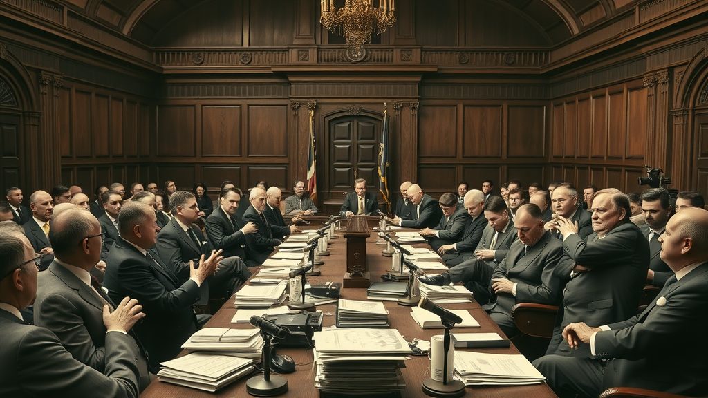 1930s scene: European and African delegates in a wood-paneled conference, animated debate over the Atlantropa mega-plan, architectural drawings and early broadcast microphones present.