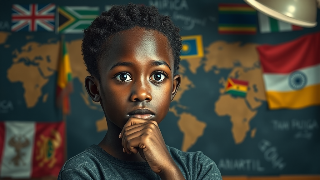 Thoughtful African youth confronting divided symbols and flags, showing impact of colonial borders on identity in Africa’s modern conflicts