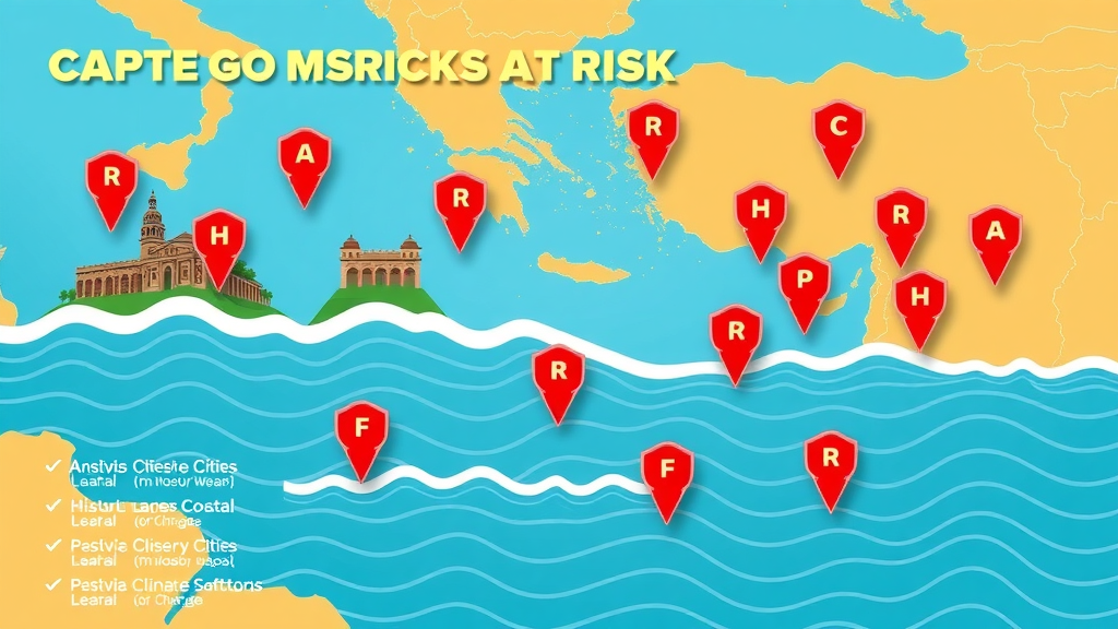 Infographic showing African coastal historic cities most at risk from climate change, with rising sea icons and regional highlights