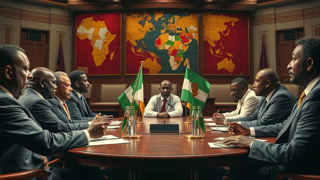 Leaders of Nigeria, Sudan, Rwanda debating over fragmented flags, illustrating impact of colonial borders on conflicts in these countries