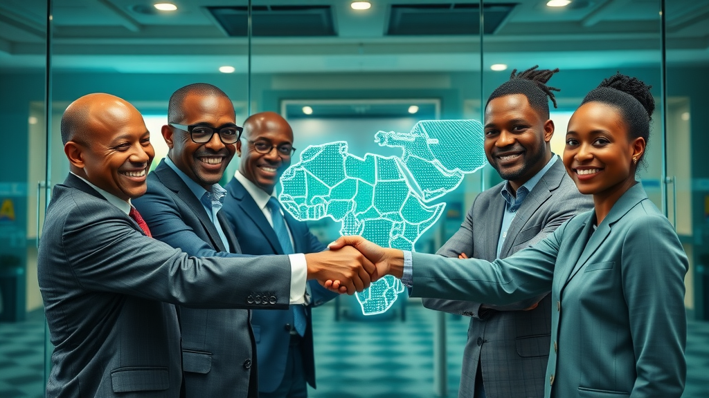 Optimistic African leaders shaking hands over digital map, symbolising hope for overcoming colonial borders shaping modern conflicts