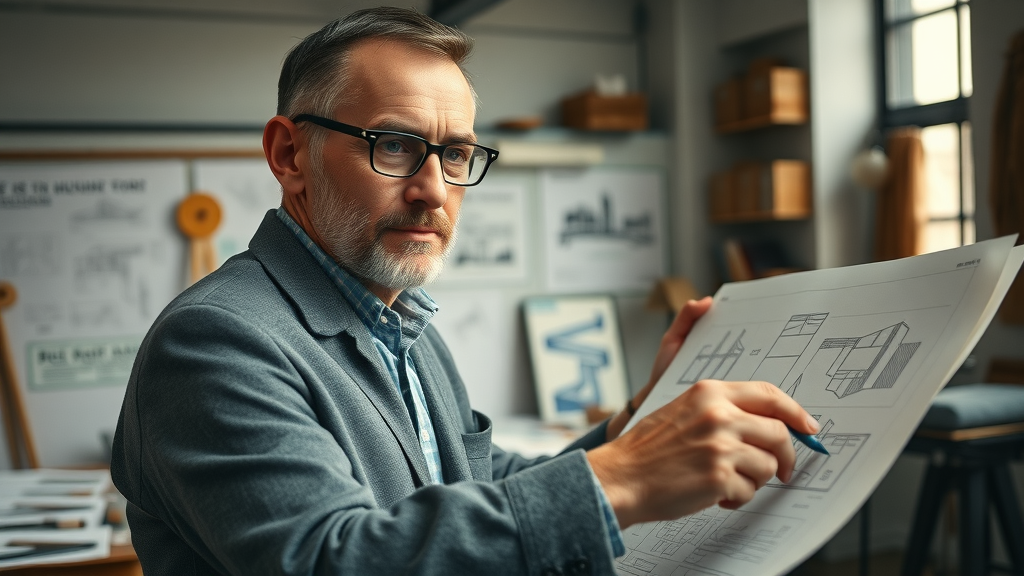 Artful portrait of Herman Sörgel, the architect behind the Atlantropa plan, drafting blueprints inspired by Bauhaus design, connecting modernist vision to megaproject ambition