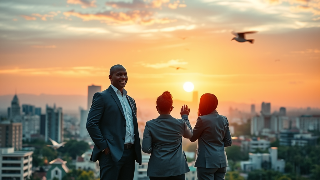 Inspirational African skyline at sunrise with confident business people planning for sustainable business growth Africa