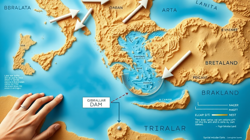Infographic visualizing the technical aspects of the proposed Gibraltar dam, demonstrating the engineering scale relevant to Atlantropa and the Mediterranean dam project
