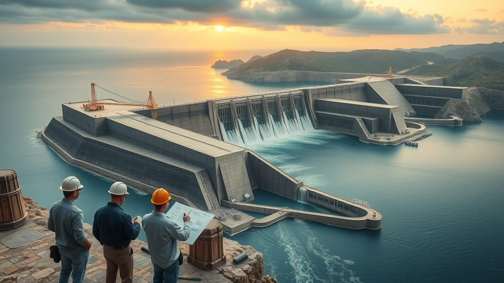 Artistic rendering of the proposed Gibraltar dam, illustrating the magnitude of the Mediterranean dam project and its imagined influence on African coastal historic cities and regions