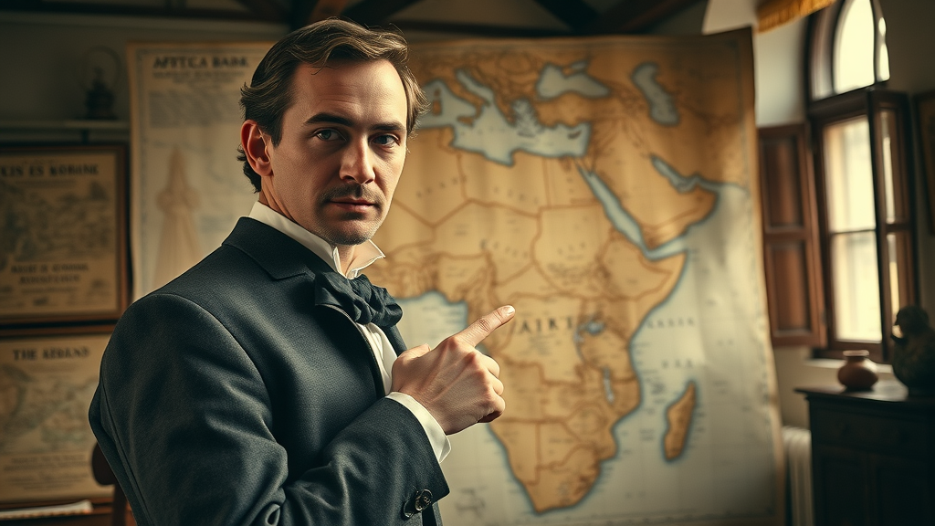 Dramatic historical map of Africa with Victorian-era figure pointing to borders, highlighting how colonial borders shaped Africa’s modern conflicts