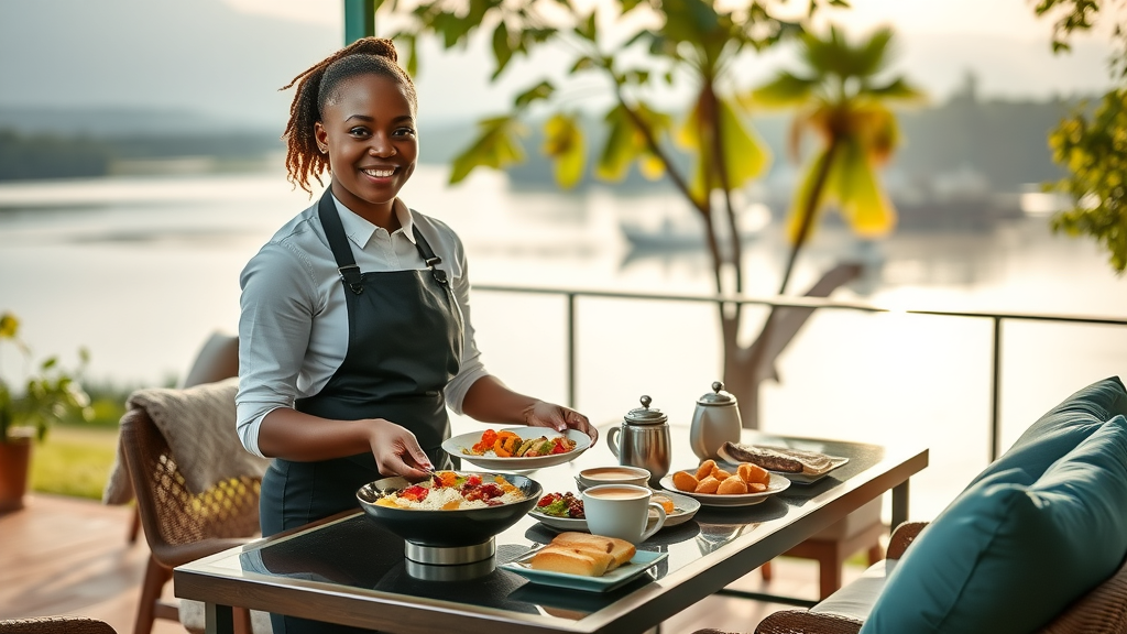 Sunlit lakeside breakfast at SKA boutique bed and breakfast munyonyo kampala with authentic Ugandan hospitality