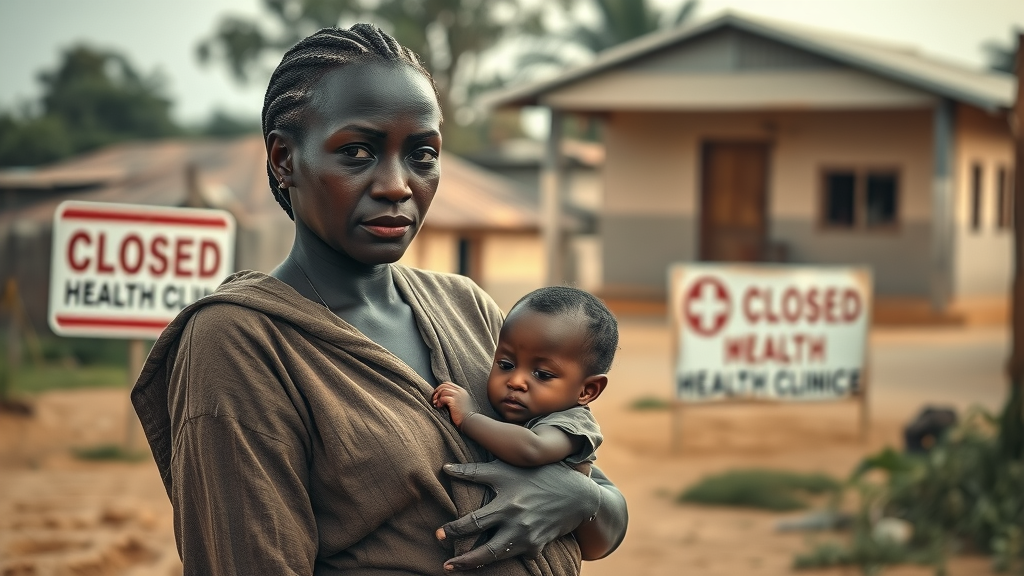 Somber African mother holding child amidst closed health clinic, UK cuts foreign aid by 40%, slashing support for women’s health and children’s education in Africa