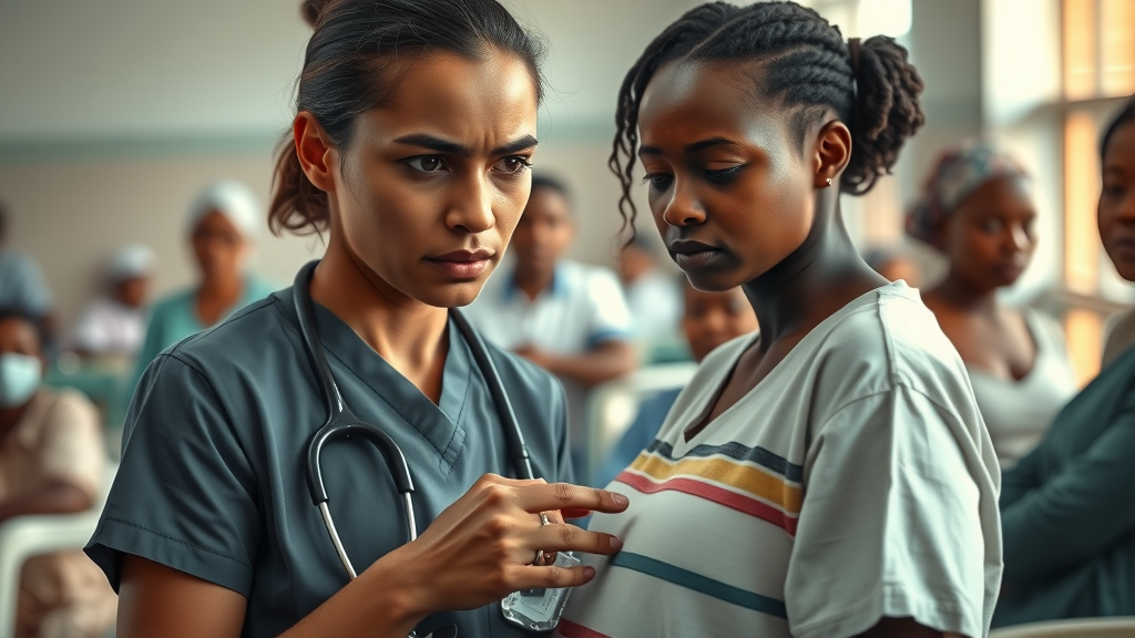Healthcare worker comforting expectant mother, impact of UK cuts foreign aid by 40%