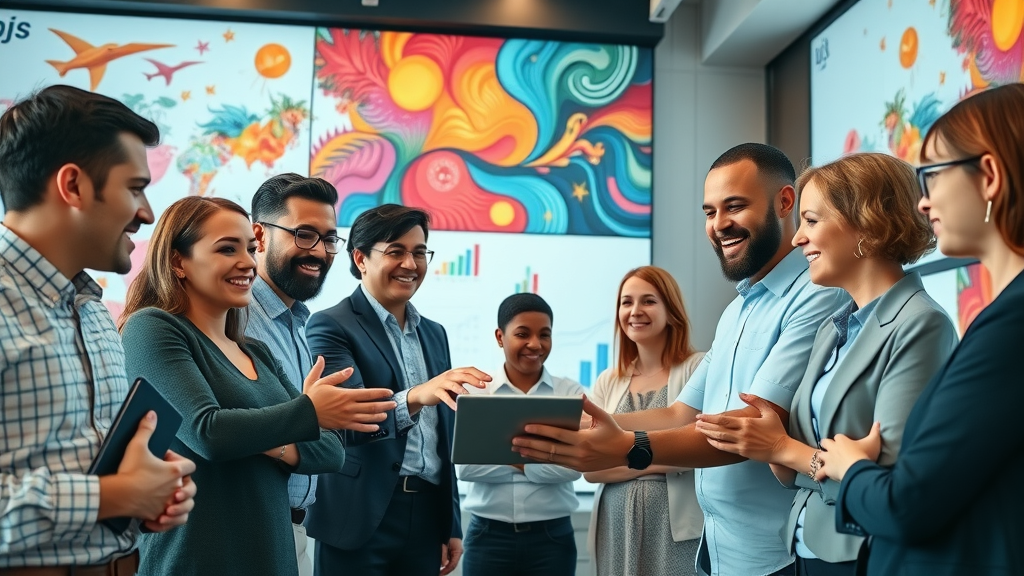 Digital landscape leadership: diverse team brainstorming with digital whiteboard