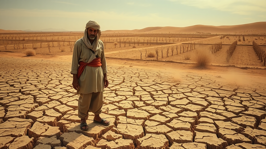 Climate change effects: Arid, cracked earth in once-lush North African farmland, wilted crops, worried farmer against a desert backdrop, dust and harsh sunlight.