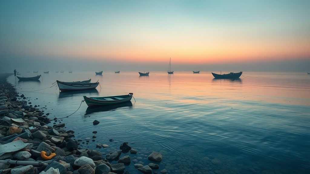 Fishing village on the Mediterranean shoreline at dawn, polluted waters, concerned fishermen and dying coral visible beneath the surface—reflects rising sea temperatures and environmental stress.