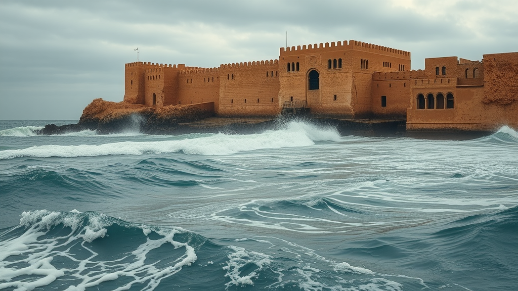 Heritage site with Mediterranean waves encroaching, illustrative of climate change risks to African coastal historic cities