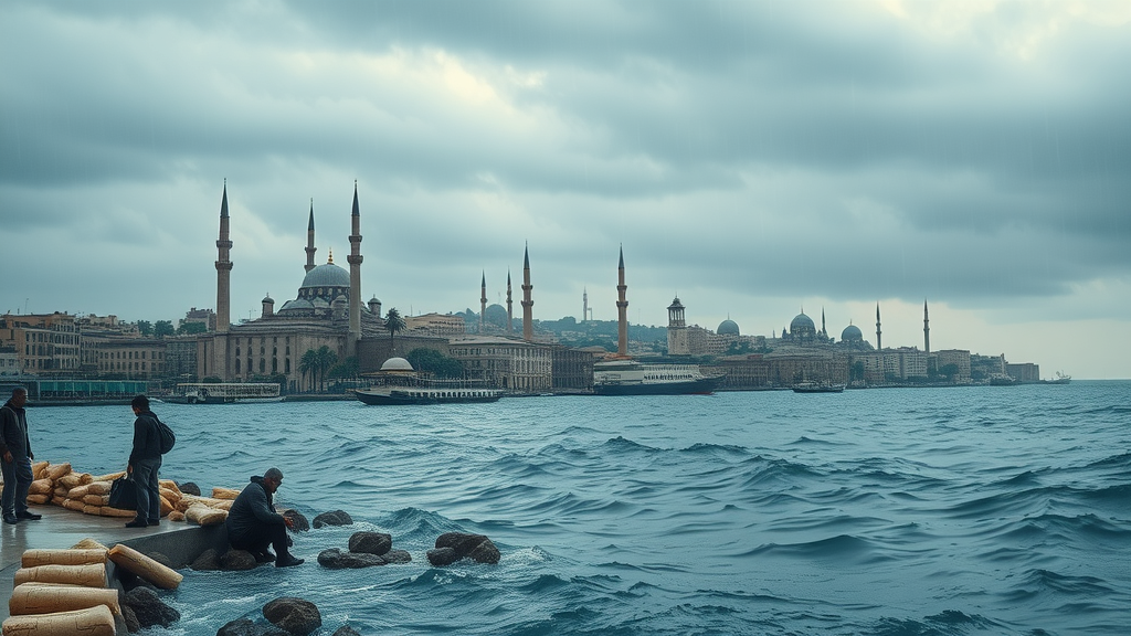 Modern North African coastal city skyline, historic minarets and old buildings battered by flooding, anxious residents sandbagging against storm surge.