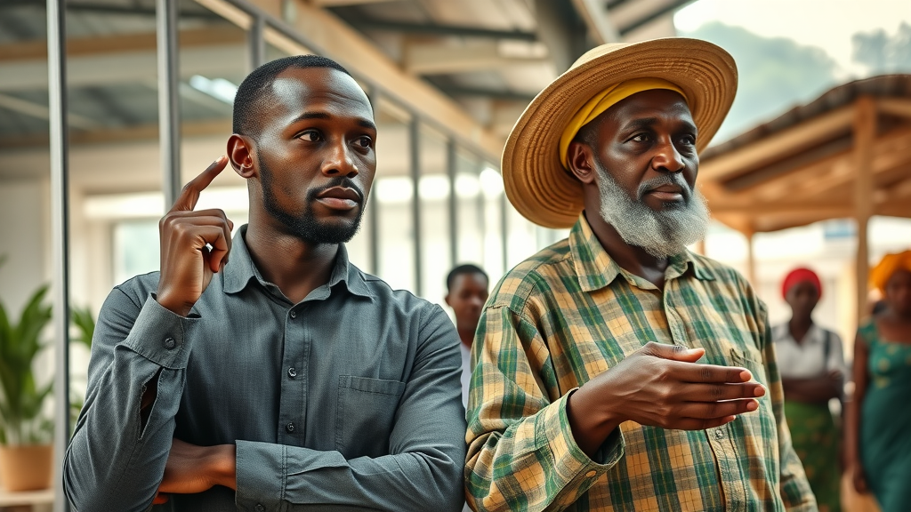 Contrasting African business scenes, entrepreneur expanding fast versus elder overseeing sustainable business growth Africa