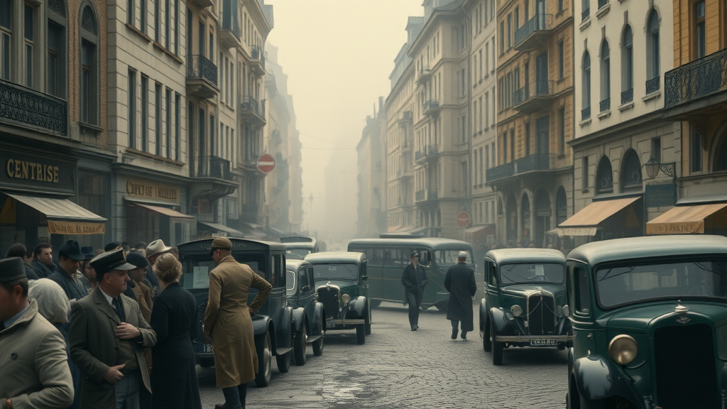 Somber European city street in the 1920s during economic hardship: worried citizens, vintage vehicles and architecture, foggy morning light highlighting mass unemployment and unstable post-WWI conditions.