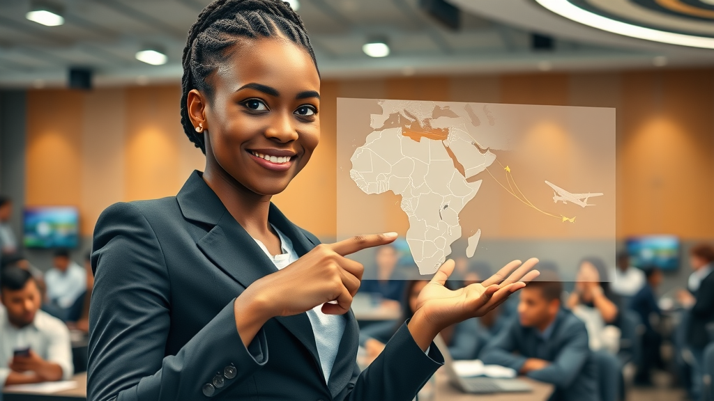 Young African woman at aviation forum in Nairobi with Africa flight map