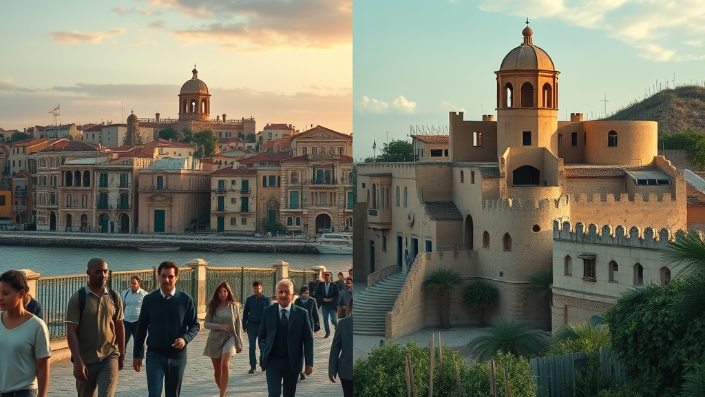 Split-scene comparison of a thriving versus abandoned African coastal city, representing divergent futures possible under massive climate interventions