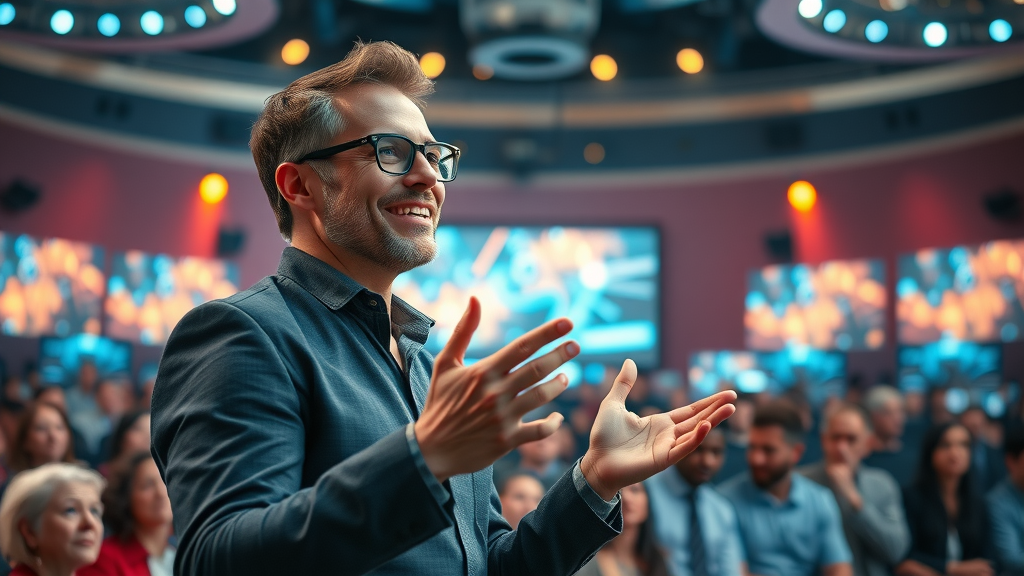 Digital leadership transformation: visionary entrepreneur presenting digital product to crowd