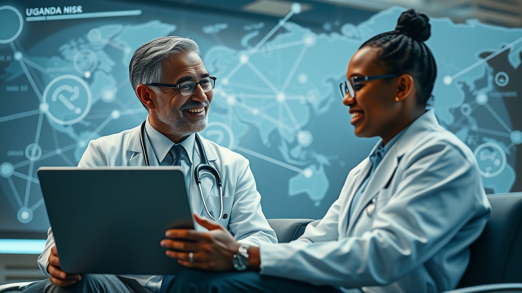 Experienced Case Hospital doctor providing digital medical consultation to traveler about insurance and telemedicine options