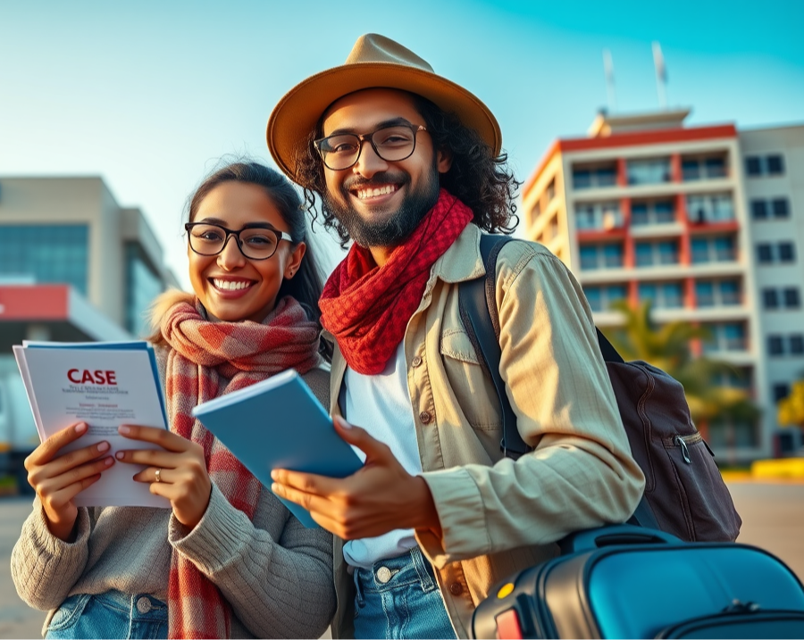 International tourists smiling with Casemed Insurance documents outside a Hospital in Kampala Uganda, ready for safe adventure