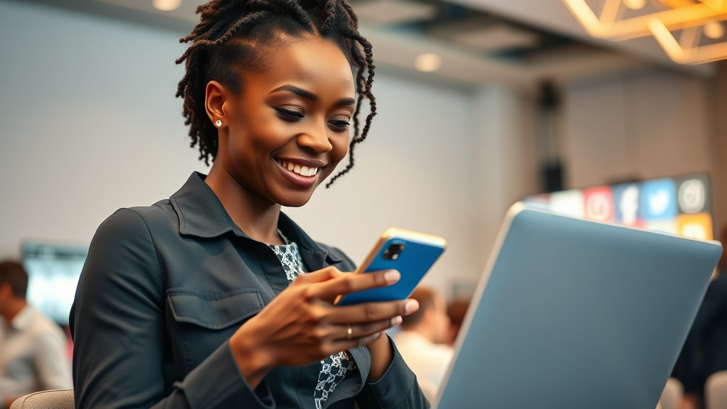 African creative woman multitasking at social media growth event in Kampala